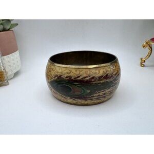 8” Hand Painted Silver on Ivory Brass Chunky  Bangle Bracelet Peacock Feather